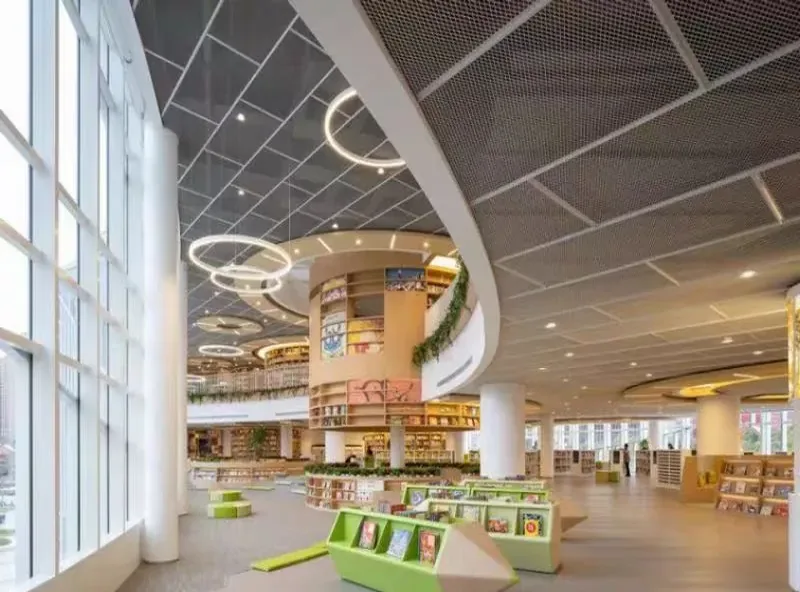 Interior ceiling and suspended grid above a public retail space