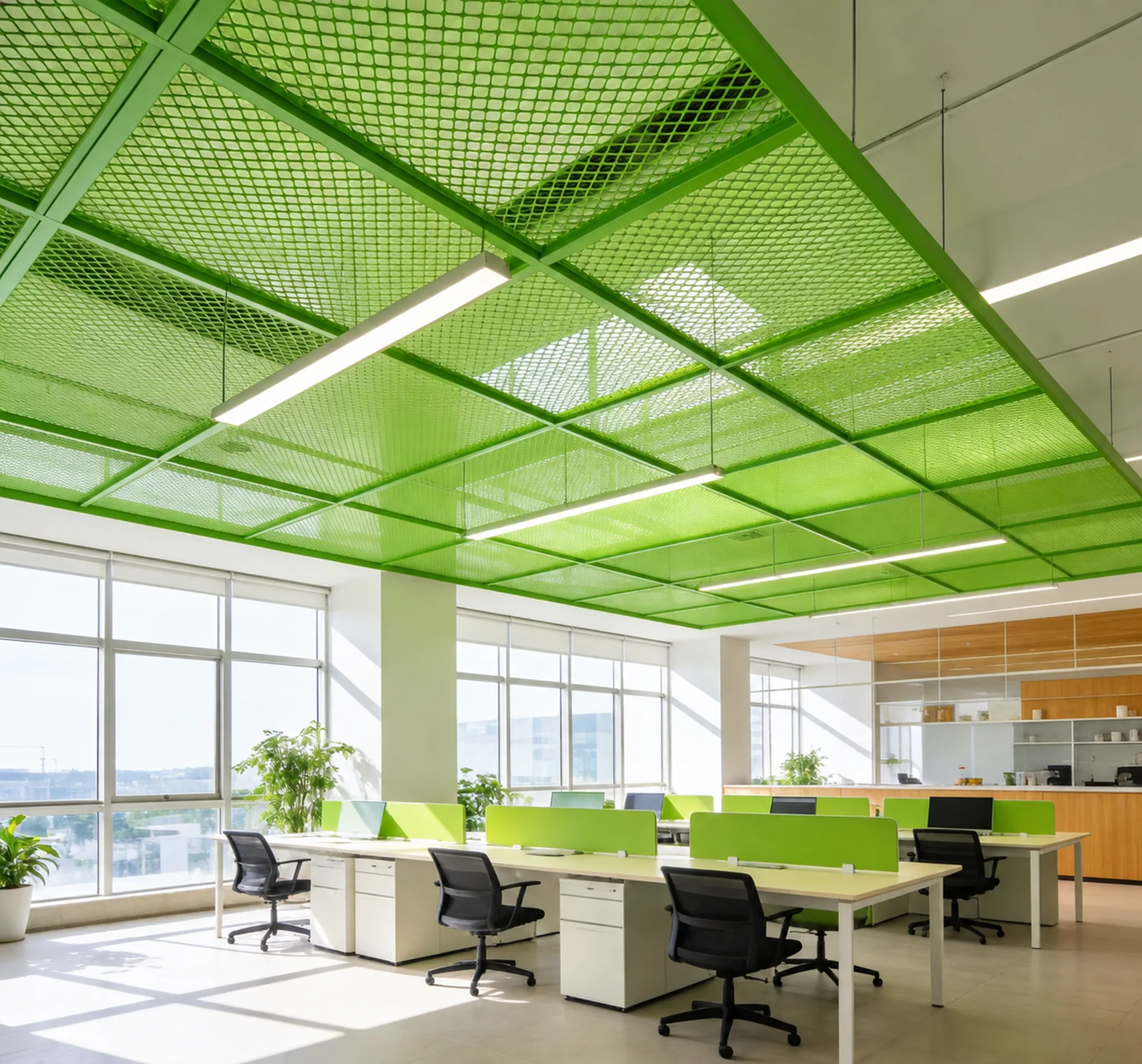 Green expanded metal ceiling panels in a framed office interior; the image does not identify the substrate or coating process