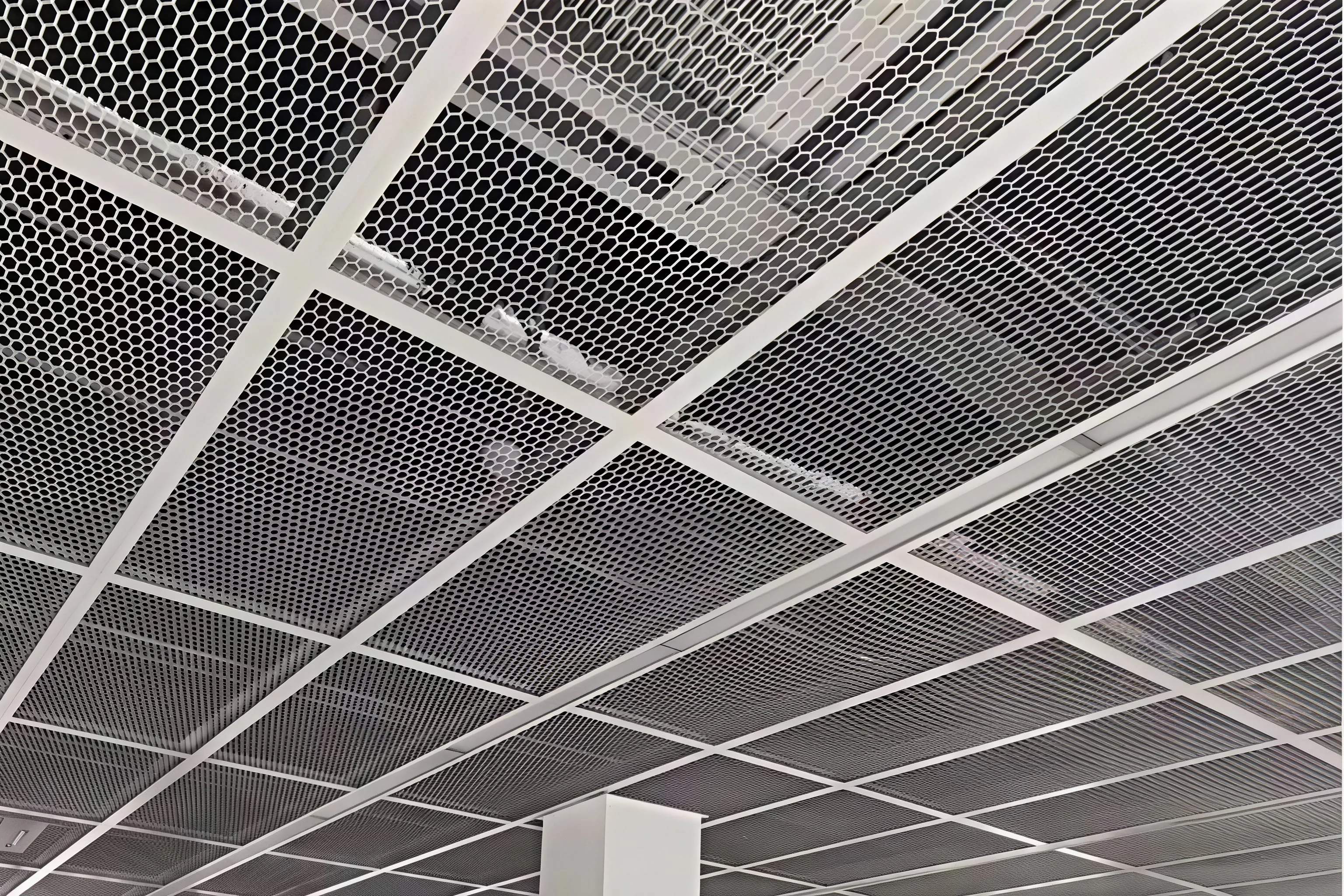 Expanded metal ceiling panels installed in an architectural interior